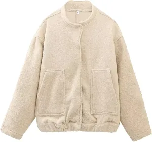 Lumister Women's Wool Blend Streetwear Bomber Jacket Button Closure Stand-Collar Shacket Oversized Varsity Jacket
