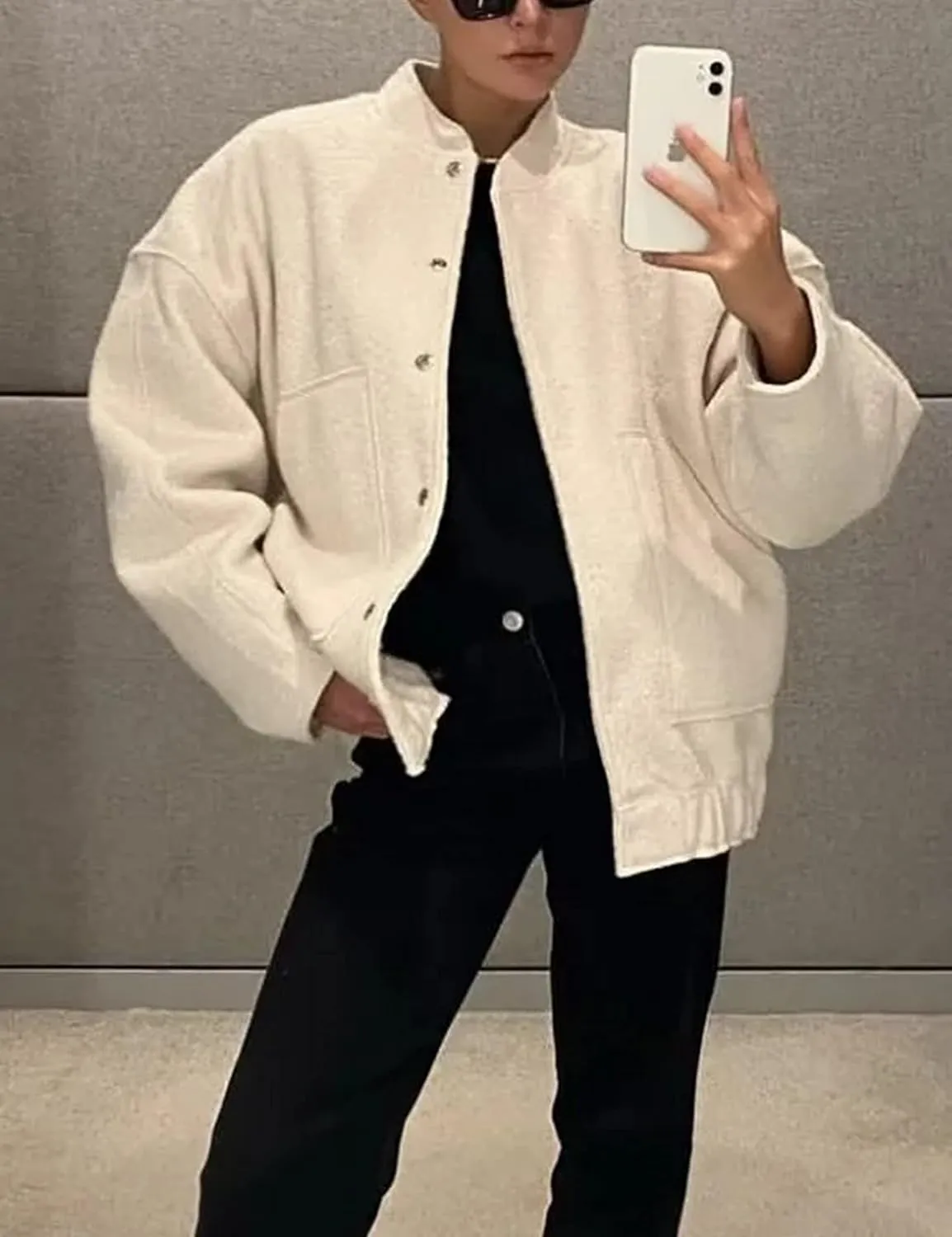 Lumister Women's Wool Blend Streetwear Bomber Jacket Button Closure Stand-Collar Shacket Oversized Varsity Jacket