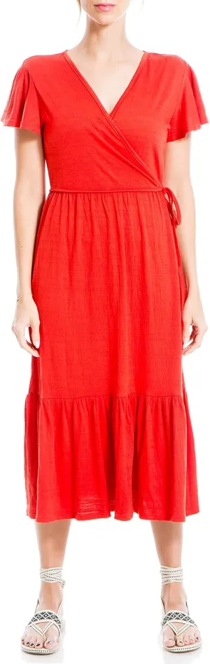 Max Studio Women's Crinkled Jersey Flutter Sleeve Wrap Midi Dress