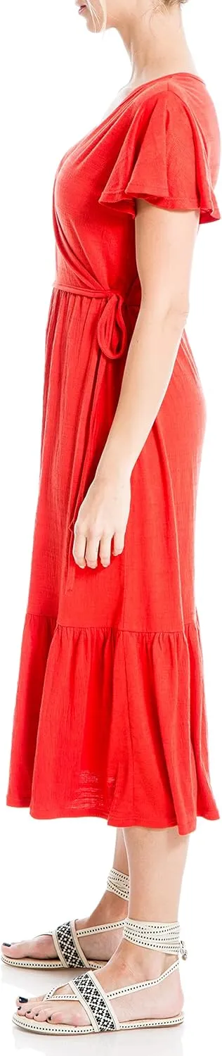 Max Studio Women's Crinkled Jersey Flutter Sleeve Wrap Midi Dress