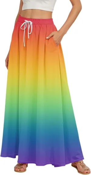 Maxi Skirt for Women 2025 Tall Summer Drawstring High Waisted Aline Skirt Loose Pleated Long Boho Skirts with Pockets