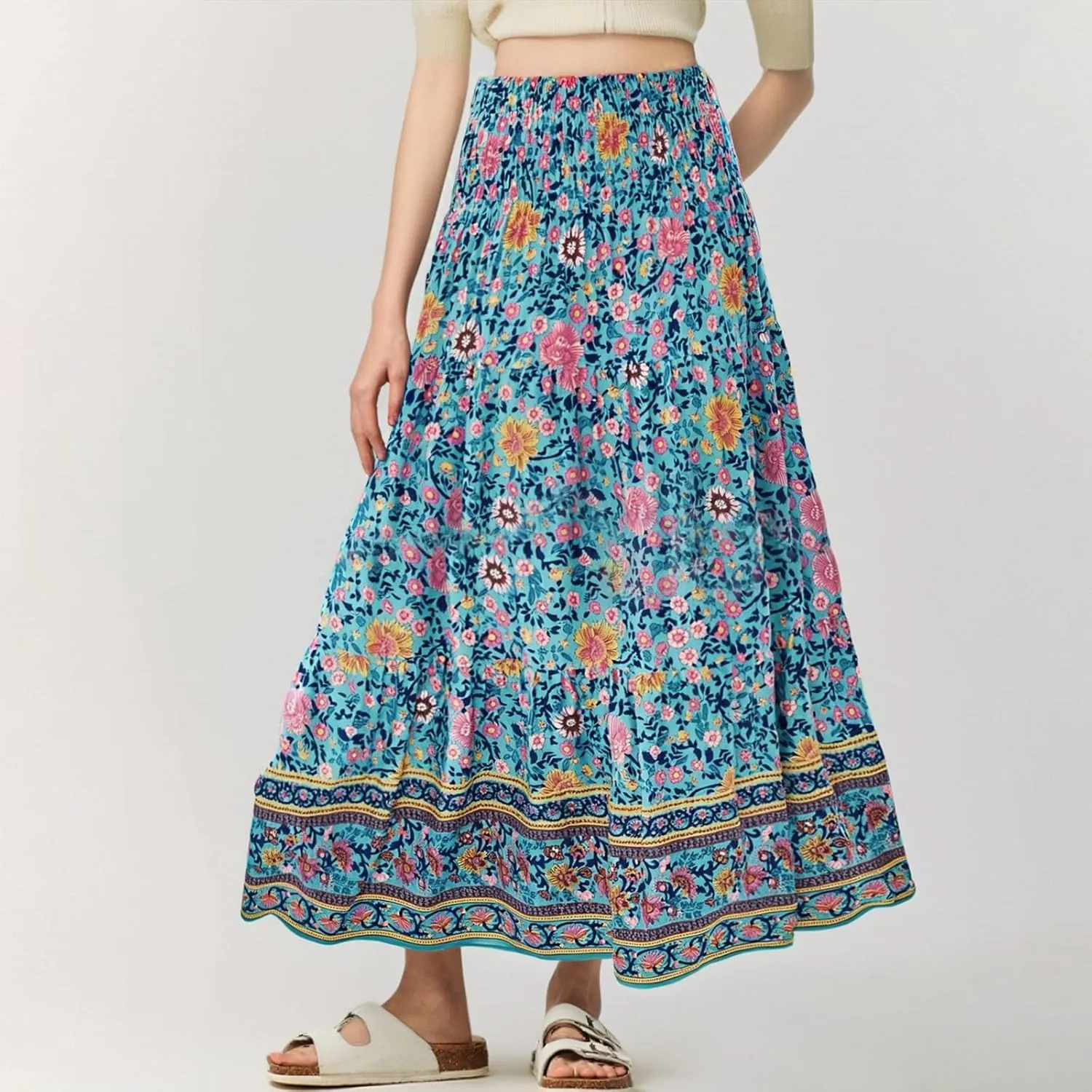 Maxi Skirts for Women 2025 Summer Drawstring High Waisted A-Line Skirts Work Layered Tiered Smocked Skirt Long