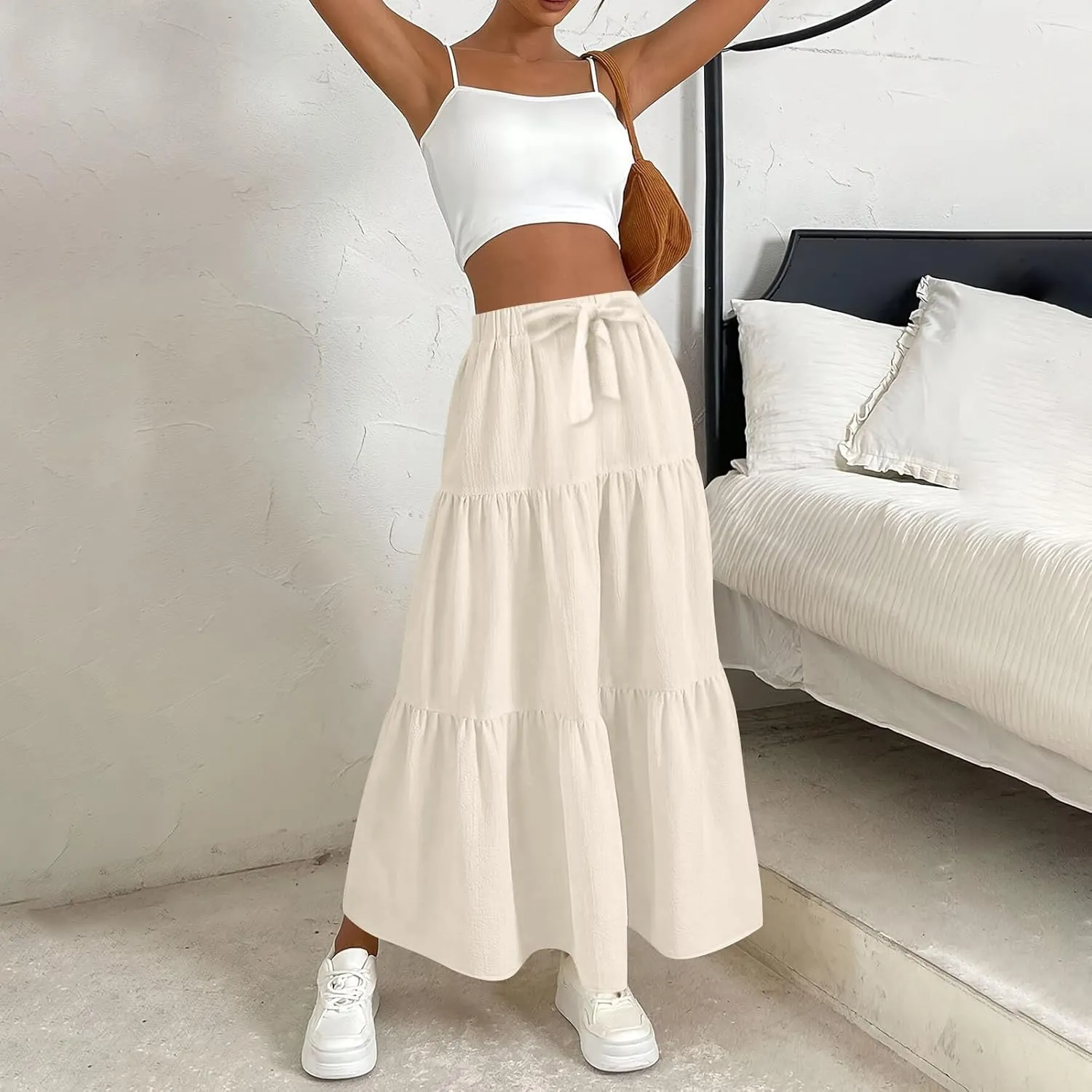 Maxi Skirts for Women Trendy Summer Drawstring Elastic High Waisted A Line Skirt Boho Tiered Smocked Long Flowy Skirt