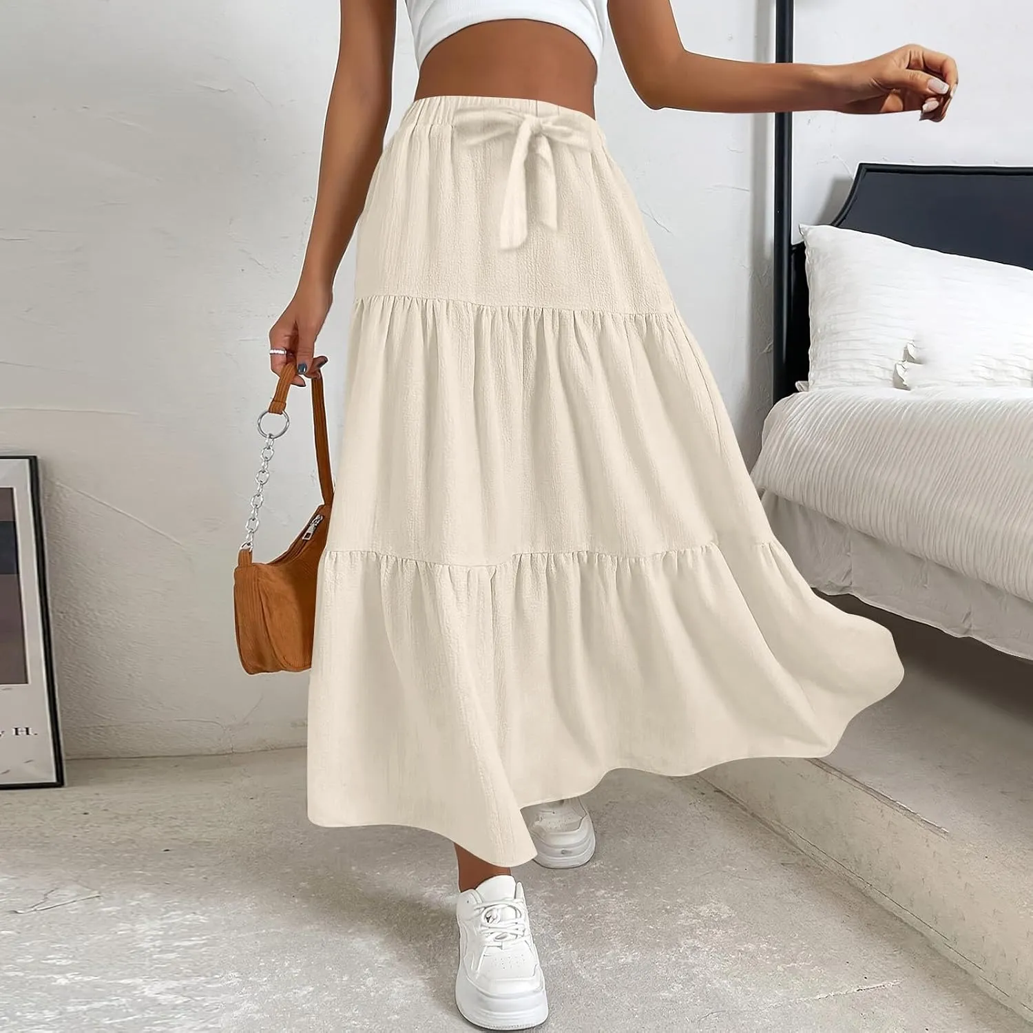 Maxi Skirts for Women Trendy Summer Drawstring Elastic High Waisted A Line Skirt Boho Tiered Smocked Long Flowy Skirt