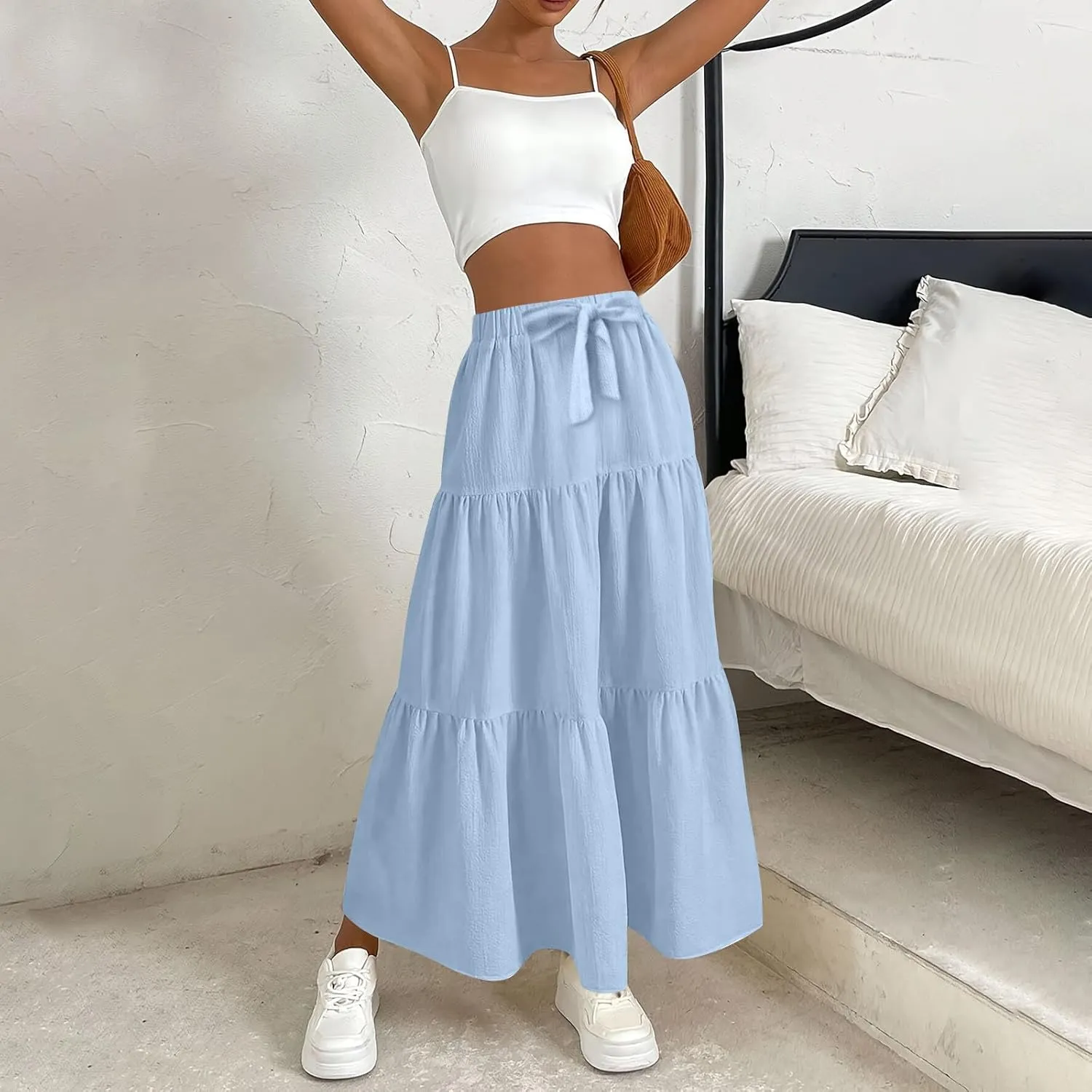 Maxi Skirts for Women Trendy Summer Drawstring Elastic High Waisted A Line Skirt Boho Tiered Smocked Long Flowy Skirt