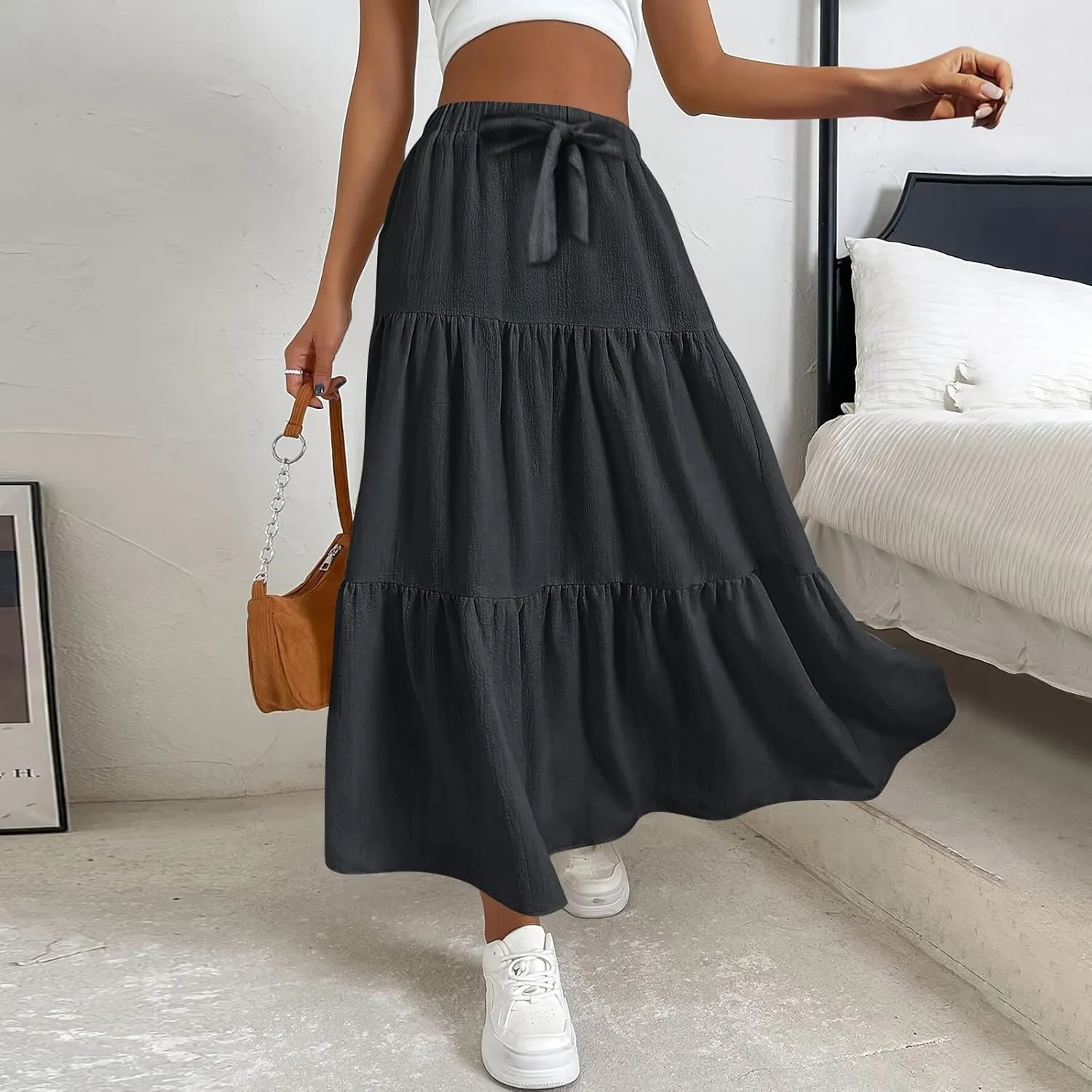 Maxi Skirts for Women Trendy Summer Drawstring Elastic High Waisted A Line Skirt Boho Tiered Smocked Long Flowy Skirt