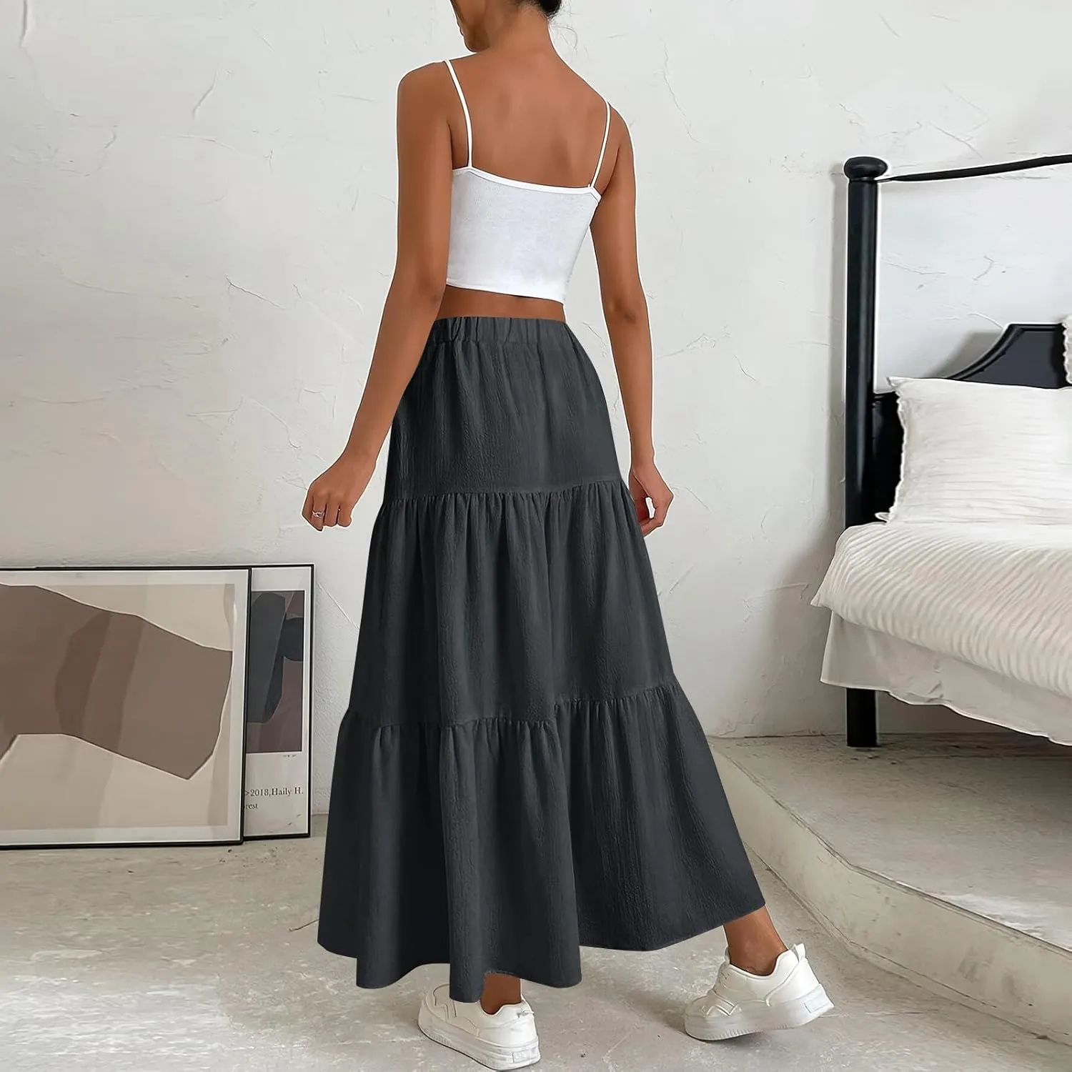 Maxi Skirts for Women Trendy Summer Drawstring Elastic High Waisted A Line Skirt Boho Tiered Smocked Long Flowy Skirt