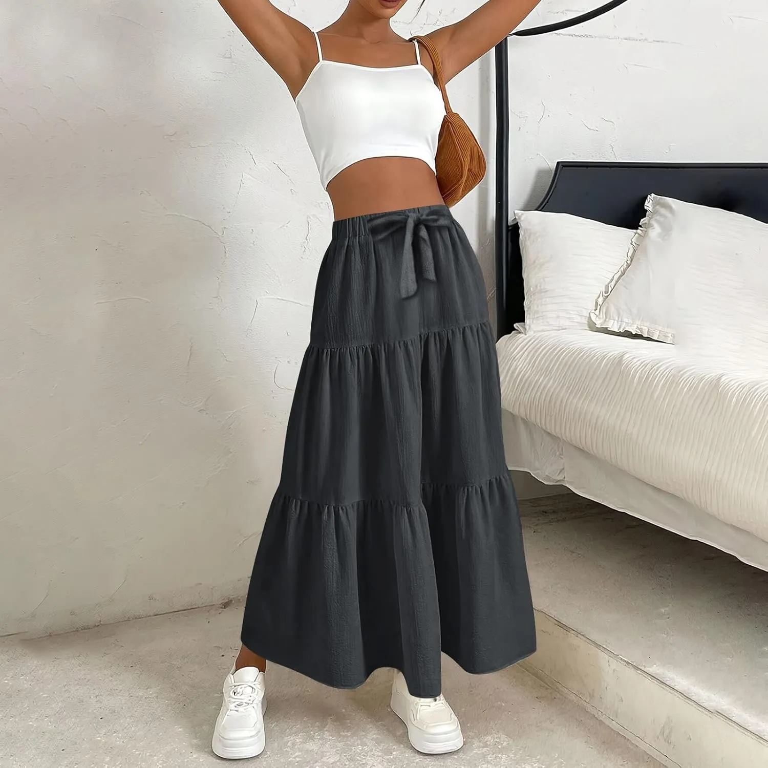 Maxi Skirts for Women Trendy Summer Drawstring Elastic High Waisted A Line Skirt Boho Tiered Smocked Long Flowy Skirt
