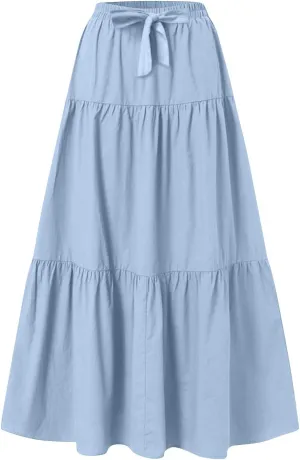 Maxi Skirts for Women Trendy Summer Drawstring Elastic High Waisted A Line Skirt Boho Tiered Smocked Long Flowy Skirt