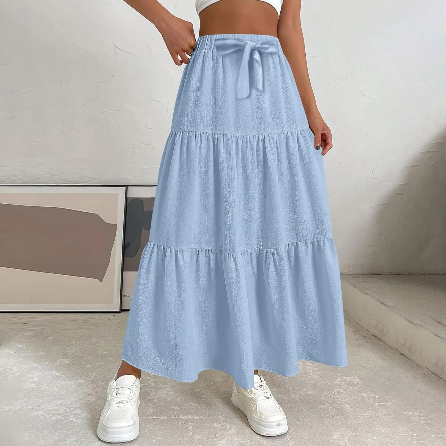 Maxi Skirts for Women Trendy Summer Drawstring Elastic High Waisted A Line Skirt Boho Tiered Smocked Long Flowy Skirt