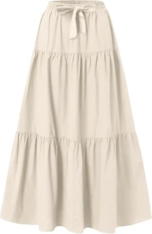 Maxi Skirts for Women Trendy Summer Drawstring Elastic High Waisted A Line Skirt Boho Tiered Smocked Long Flowy Skirt