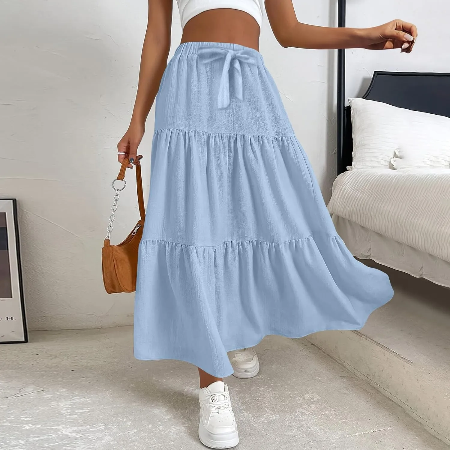 Maxi Skirts for Women Trendy Summer Drawstring Elastic High Waisted A Line Skirt Boho Tiered Smocked Long Flowy Skirt