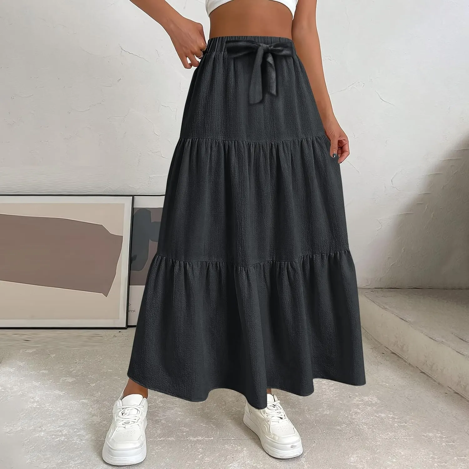 Maxi Skirts for Women Trendy Summer Drawstring Elastic High Waisted A Line Skirt Boho Tiered Smocked Long Flowy Skirt