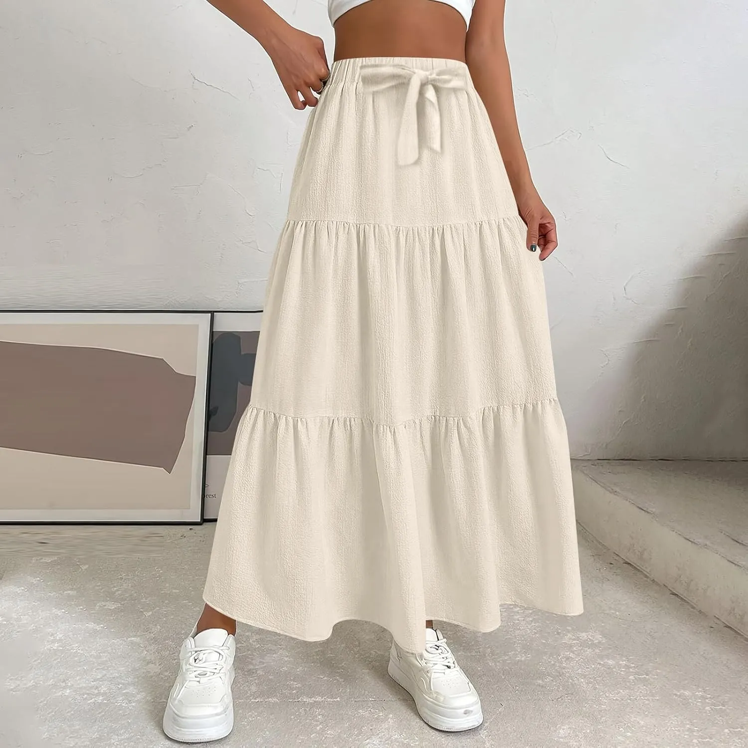 Maxi Skirts for Women Trendy Summer Drawstring Elastic High Waisted A Line Skirt Boho Tiered Smocked Long Flowy Skirt