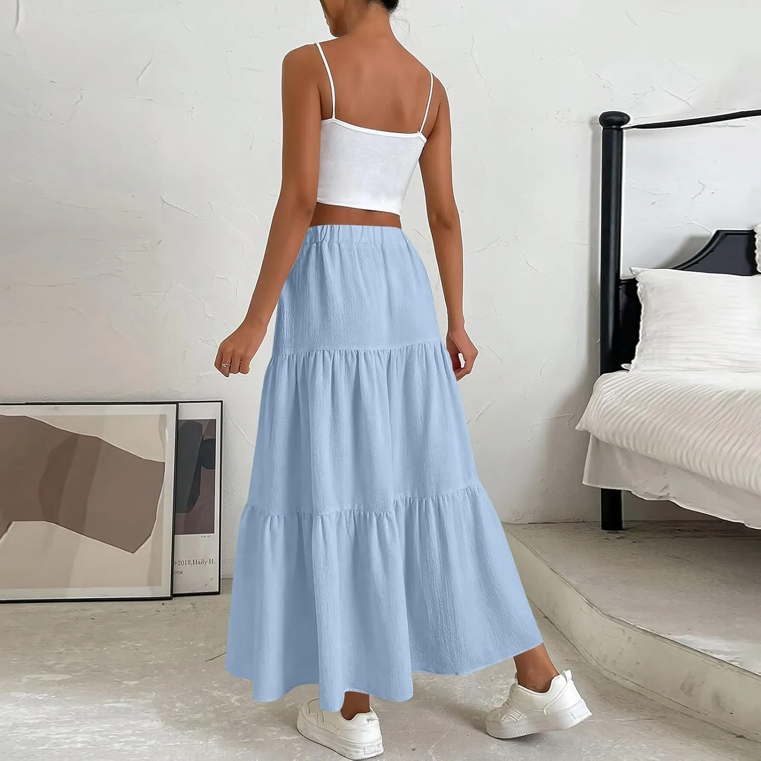 Maxi Skirts for Women Trendy Summer Drawstring Elastic High Waisted A Line Skirt Boho Tiered Smocked Long Flowy Skirt