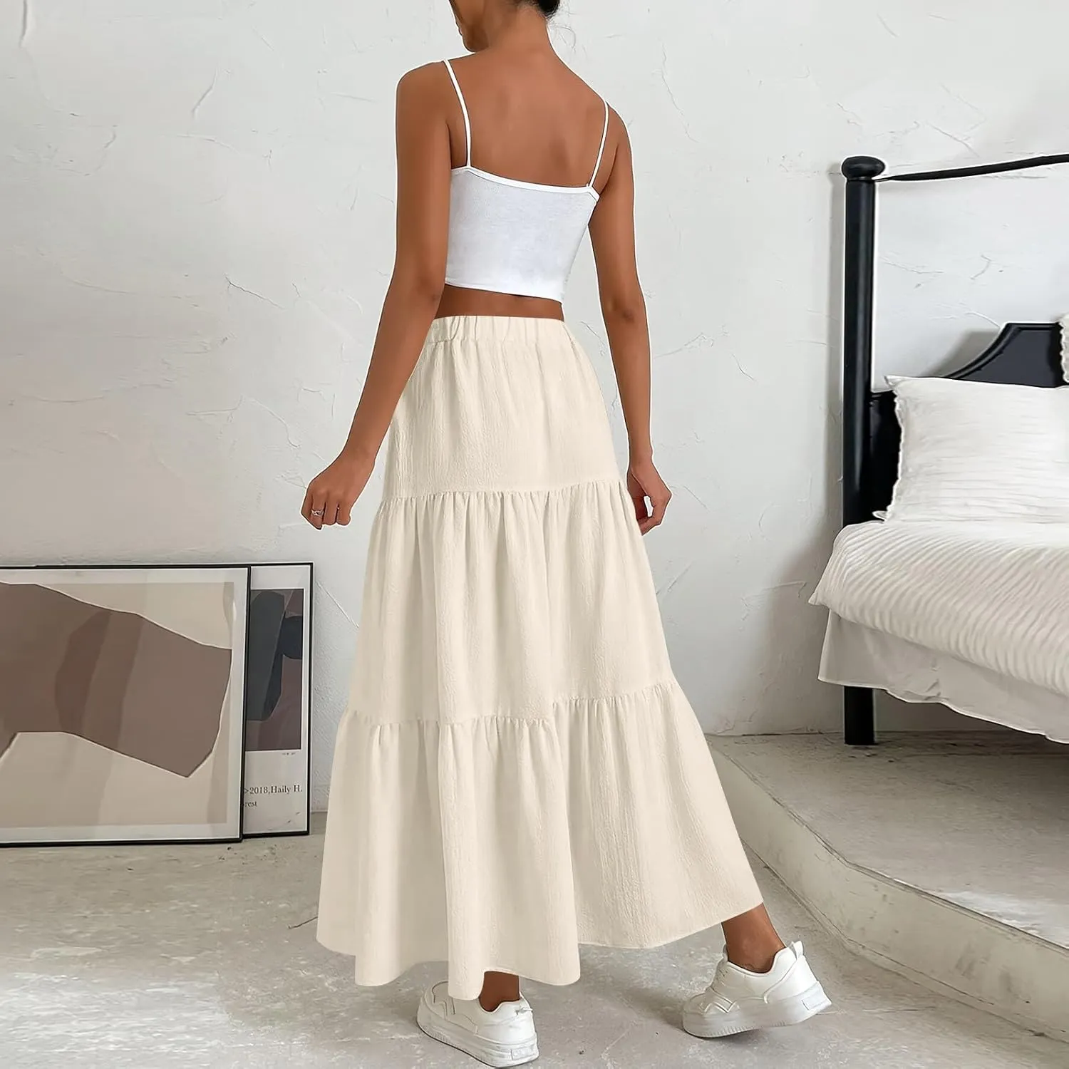Maxi Skirts for Women Trendy Summer Drawstring Elastic High Waisted A Line Skirt Boho Tiered Smocked Long Flowy Skirt