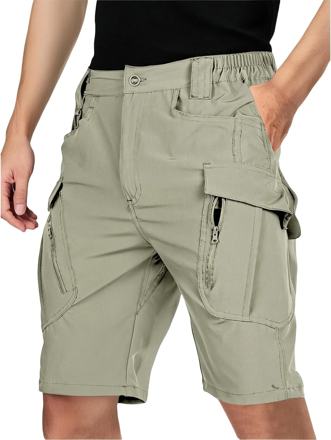 Men Tactical Cargo Shorts Quick Dry Lightweight Stretch Multi Pockets, Breathable Solid Color Elastic Waist