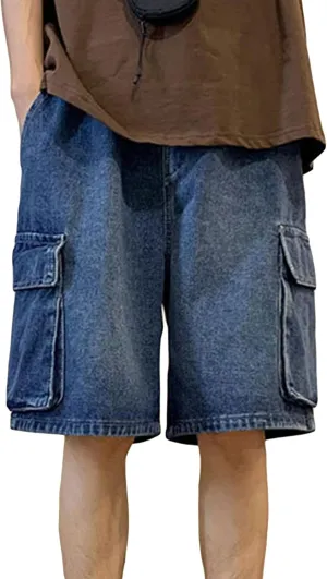 Men's 3/4 Cargo Biker Jean Shorts Vintage Distressed Denim Shorts Casual Multi-Pocket Short Pants