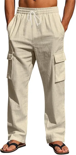 Men's Casual Linen Pants Drawstring Joggers Sweatpants Solid Loose Straight Sweatpants Relaxed Fit Comfy Trousers