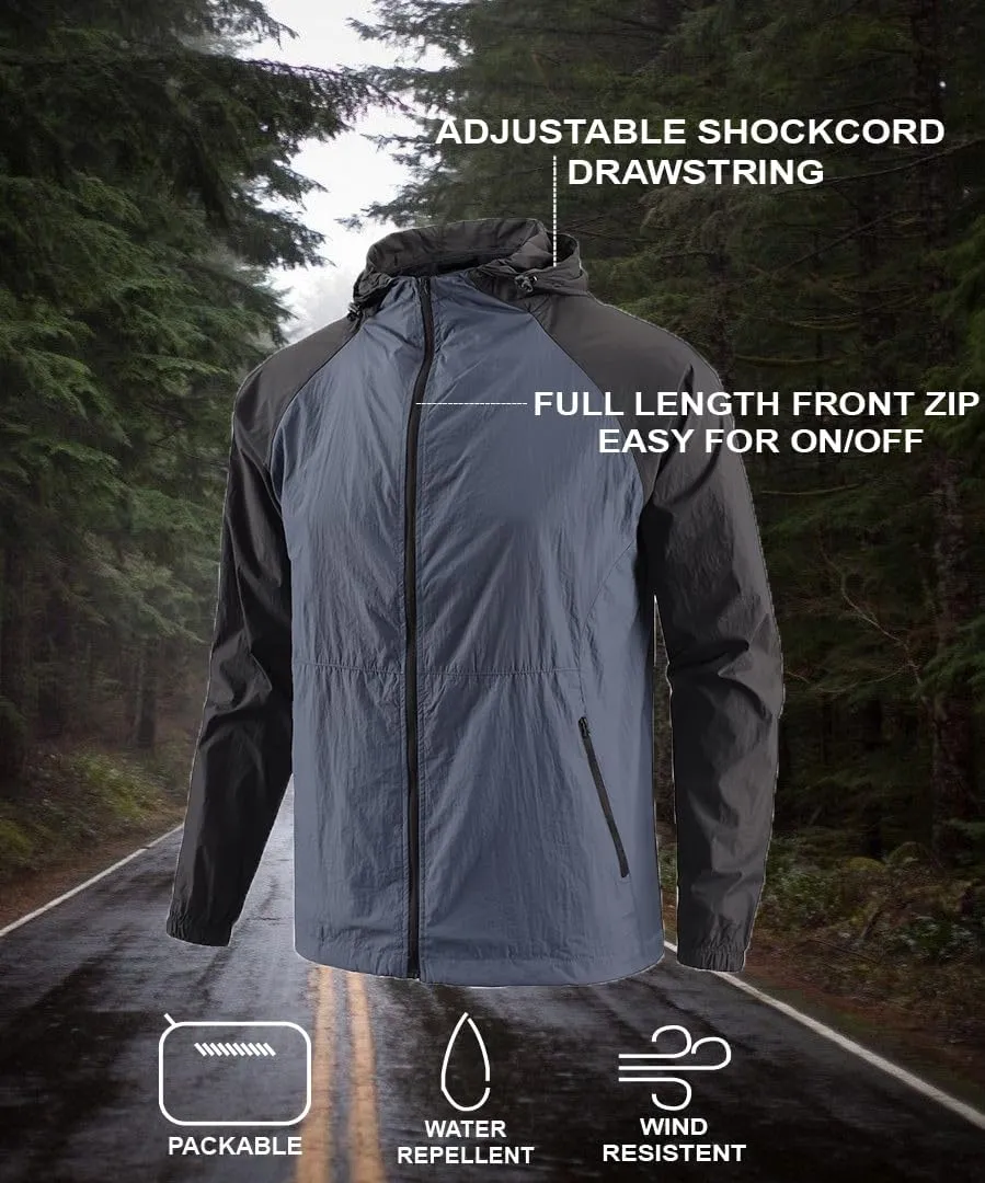 Men's Windbreaker Hoodie Zip Up Lightweight Nylon Rain Jackets for Outdoor Sports