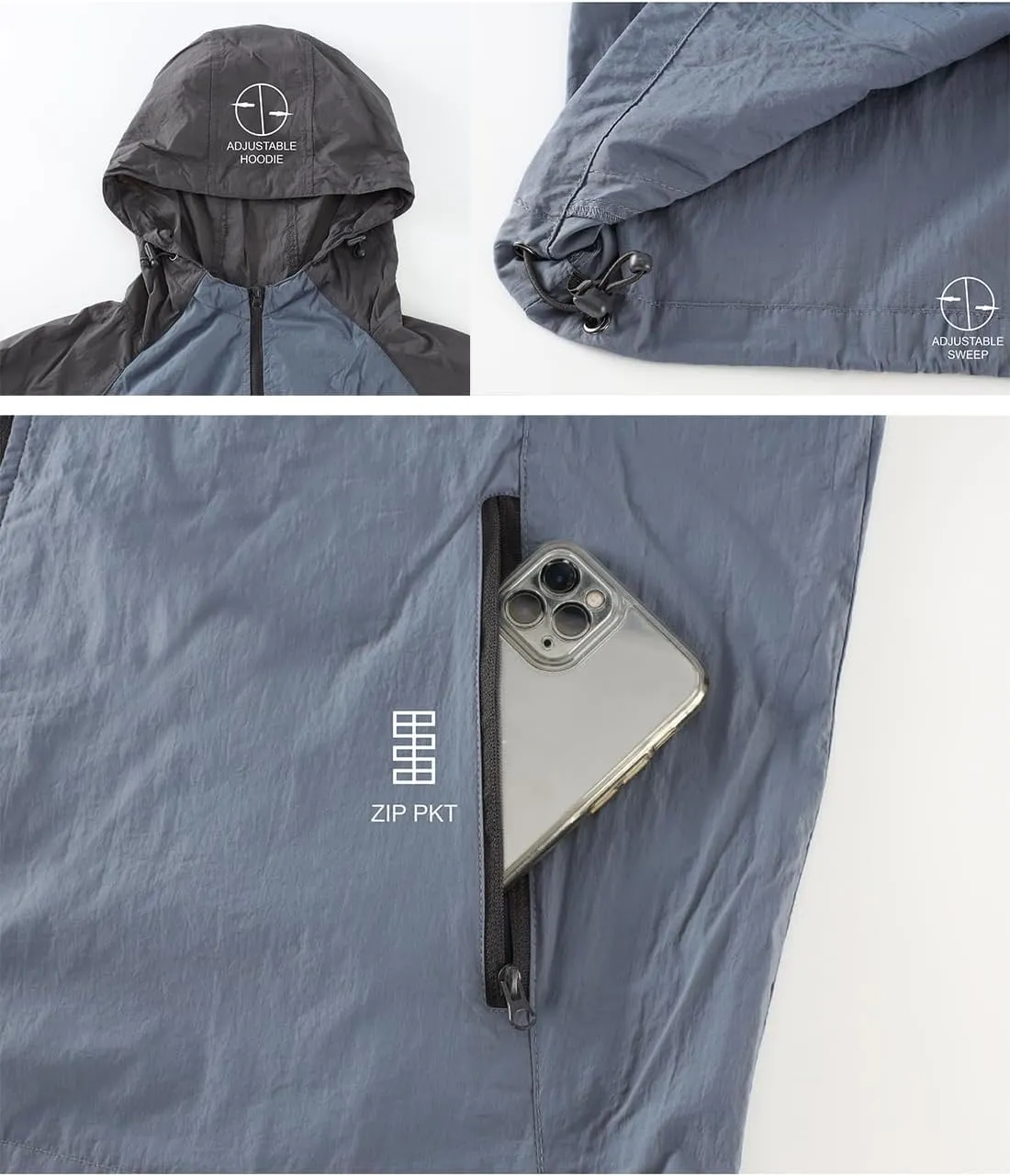 Men's Windbreaker Hoodie Zip Up Lightweight Nylon Rain Jackets for Outdoor Sports
