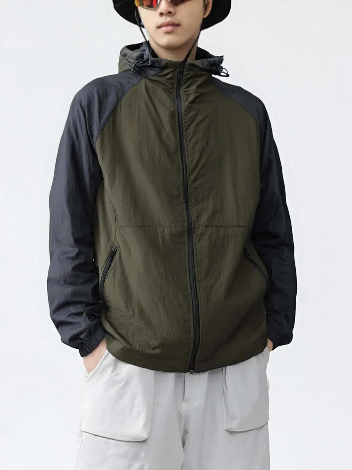 Men's Windbreaker Hoodie Zip Up Lightweight Nylon Rain Jackets for Outdoor Sports