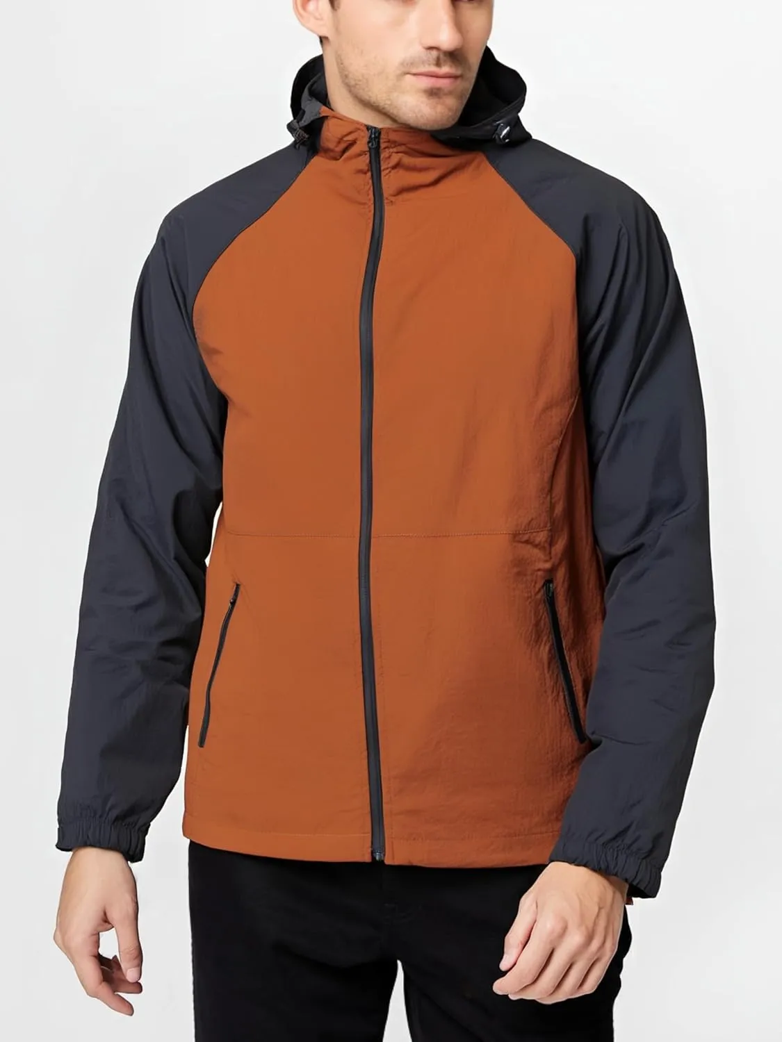 Men's Windbreaker Hoodie Zip Up Lightweight Nylon Rain Jackets for Outdoor Sports