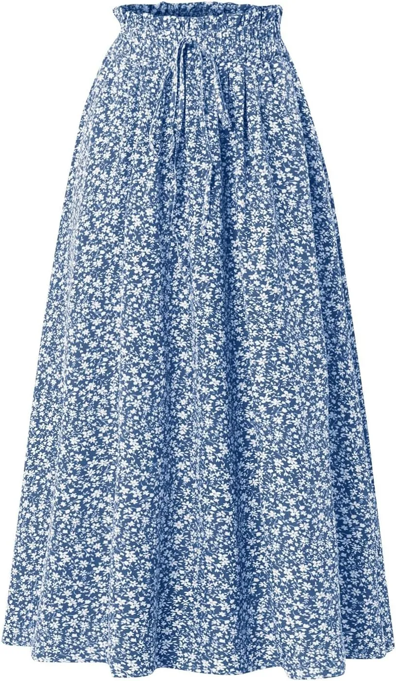 Midi Linen Skirts for Women Summer Drawstring Elastic High Waist Ruffle A-Line Casual Knee Length Skirts with Pockets