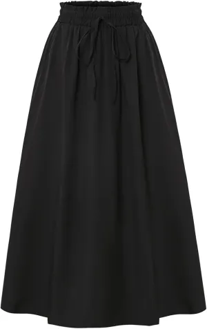 Midi Linen Skirts for Women Summer Drawstring Elastic High Waist Ruffle A-Line Casual Knee Length Skirts with Pockets