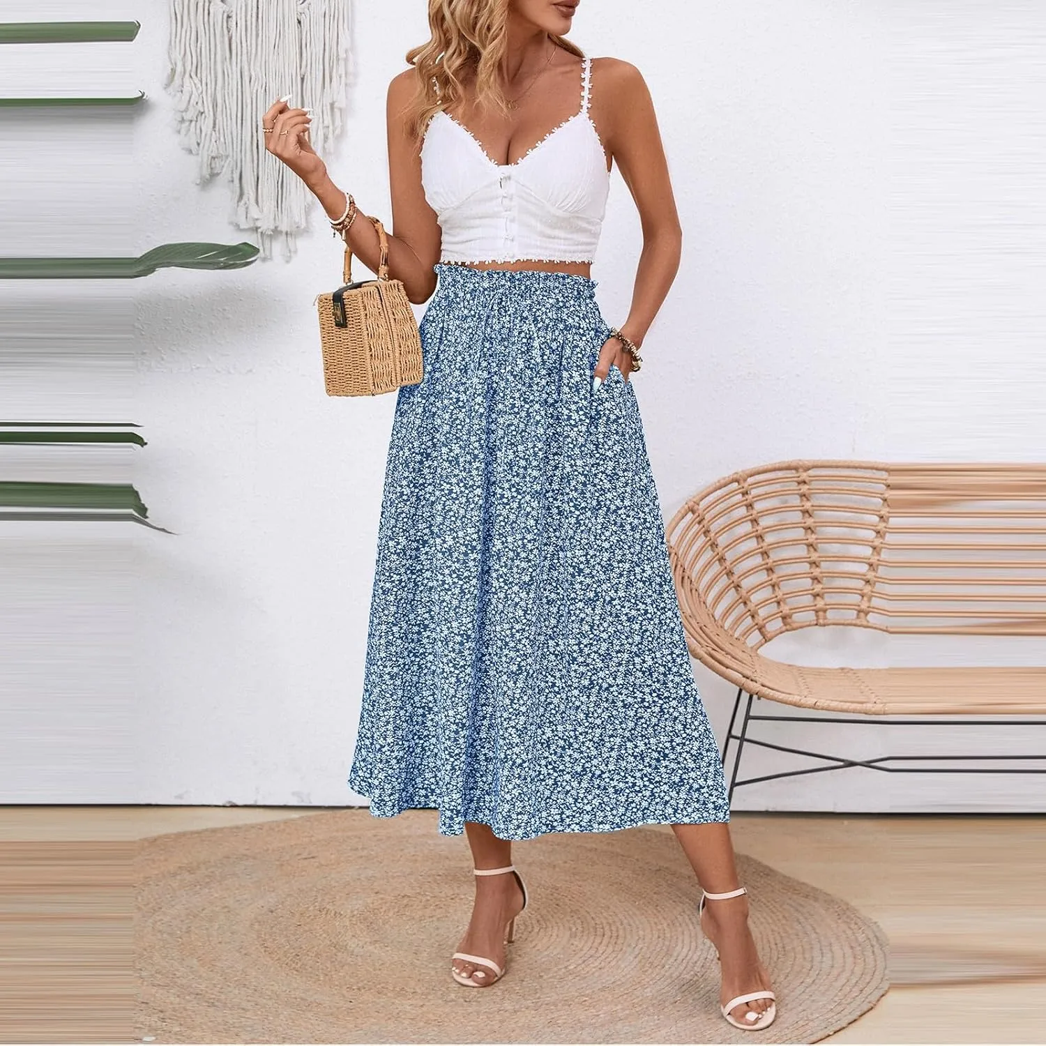 Midi Linen Skirts for Women Summer Drawstring Elastic High Waist Ruffle A-Line Casual Knee Length Skirts with Pockets