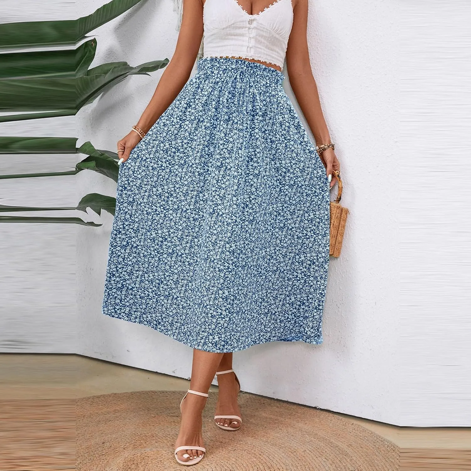 Midi Linen Skirts for Women Summer Drawstring Elastic High Waist Ruffle A-Line Casual Knee Length Skirts with Pockets
