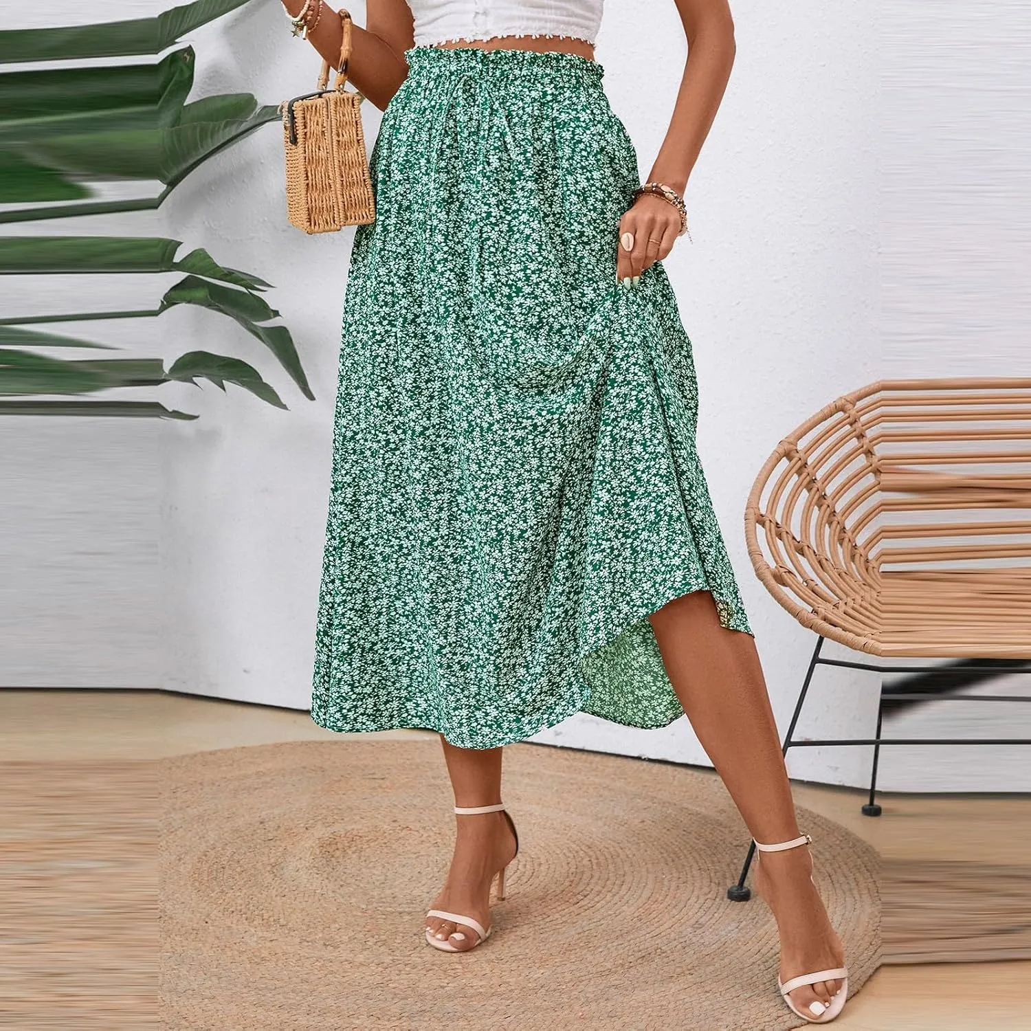Midi Linen Skirts for Women Summer Drawstring Elastic High Waist Ruffle A-Line Casual Knee Length Skirts with Pockets