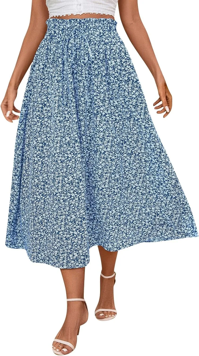 Midi Linen Skirts for Women Summer Drawstring Elastic High Waist Ruffle A-Line Casual Knee Length Skirts with Pockets