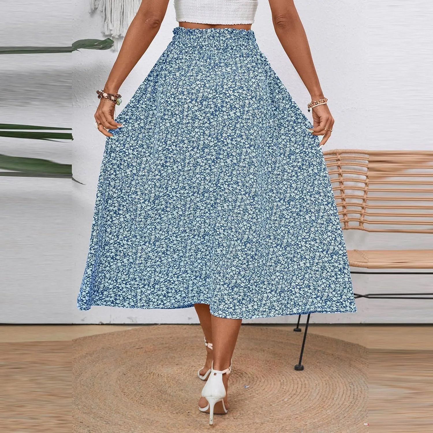 Midi Linen Skirts for Women Summer Drawstring Elastic High Waist Ruffle A-Line Casual Knee Length Skirts with Pockets