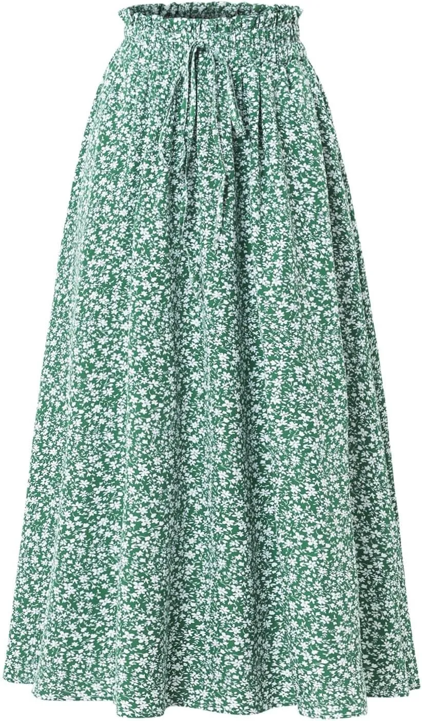 Midi Linen Skirts for Women Summer Drawstring Elastic High Waist Ruffle A-Line Casual Knee Length Skirts with Pockets