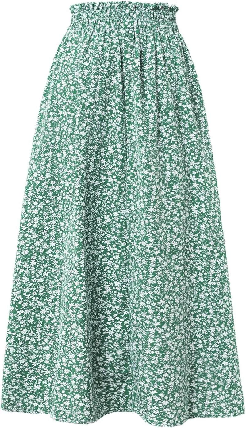 Midi Linen Skirts for Women Summer Drawstring Elastic High Waist Ruffle A-Line Casual Knee Length Skirts with Pockets