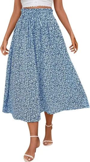 Midi Linen Skirts for Women Summer Drawstring Elastic High Waist Ruffle A-Line Casual Knee Length Skirts with Pockets