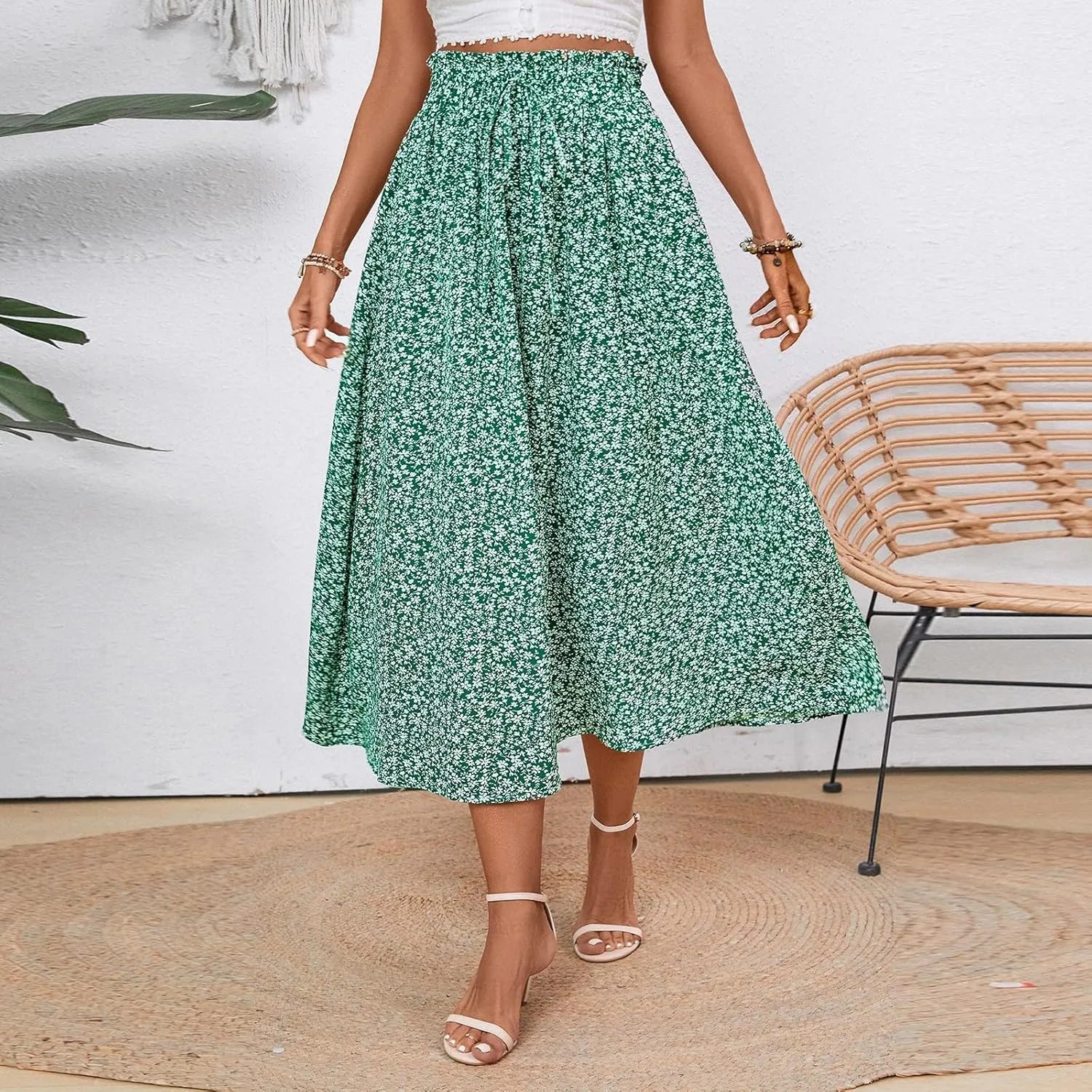Midi Linen Skirts for Women Summer Drawstring Elastic High Waist Ruffle A-Line Casual Knee Length Skirts with Pockets