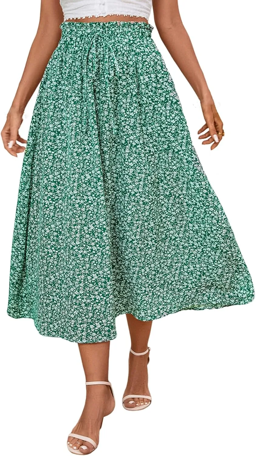 Midi Linen Skirts for Women Summer Drawstring Elastic High Waist Ruffle A-Line Casual Knee Length Skirts with Pockets
