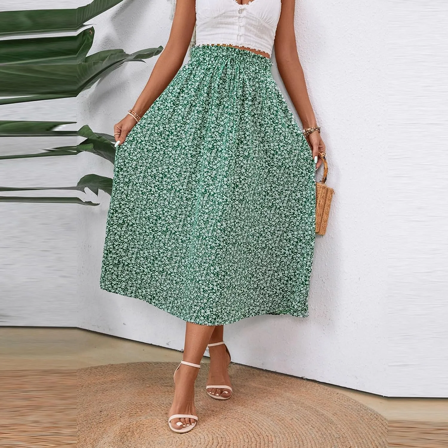 Midi Linen Skirts for Women Summer Drawstring Elastic High Waist Ruffle A-Line Casual Knee Length Skirts with Pockets