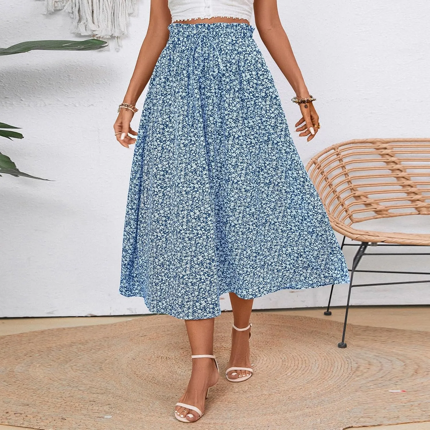 Midi Linen Skirts for Women Summer Drawstring Elastic High Waist Ruffle A-Line Casual Knee Length Skirts with Pockets
