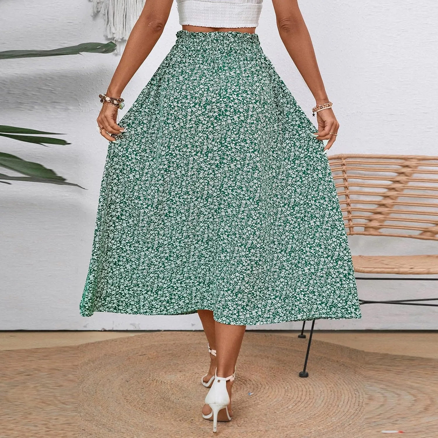 Midi Linen Skirts for Women Summer Drawstring Elastic High Waist Ruffle A-Line Casual Knee Length Skirts with Pockets