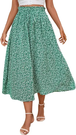 Midi Linen Skirts for Women Summer Drawstring Elastic High Waist Ruffle A-Line Casual Knee Length Skirts with Pockets