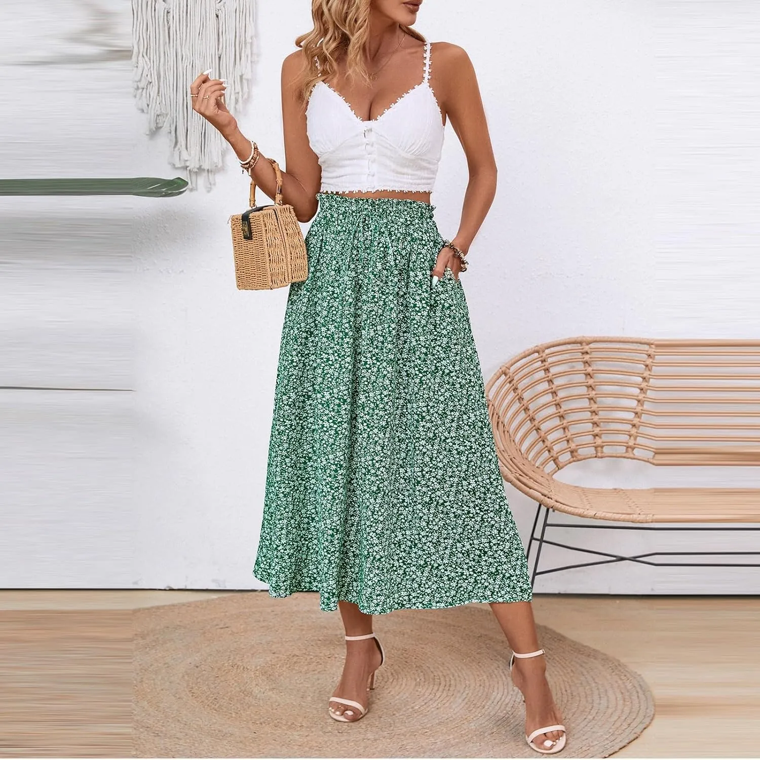 Midi Linen Skirts for Women Summer Drawstring Elastic High Waist Ruffle A-Line Casual Knee Length Skirts with Pockets