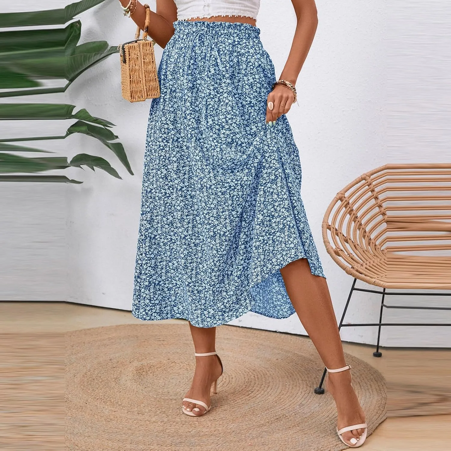 Midi Linen Skirts for Women Summer Drawstring Elastic High Waist Ruffle A-Line Casual Knee Length Skirts with Pockets