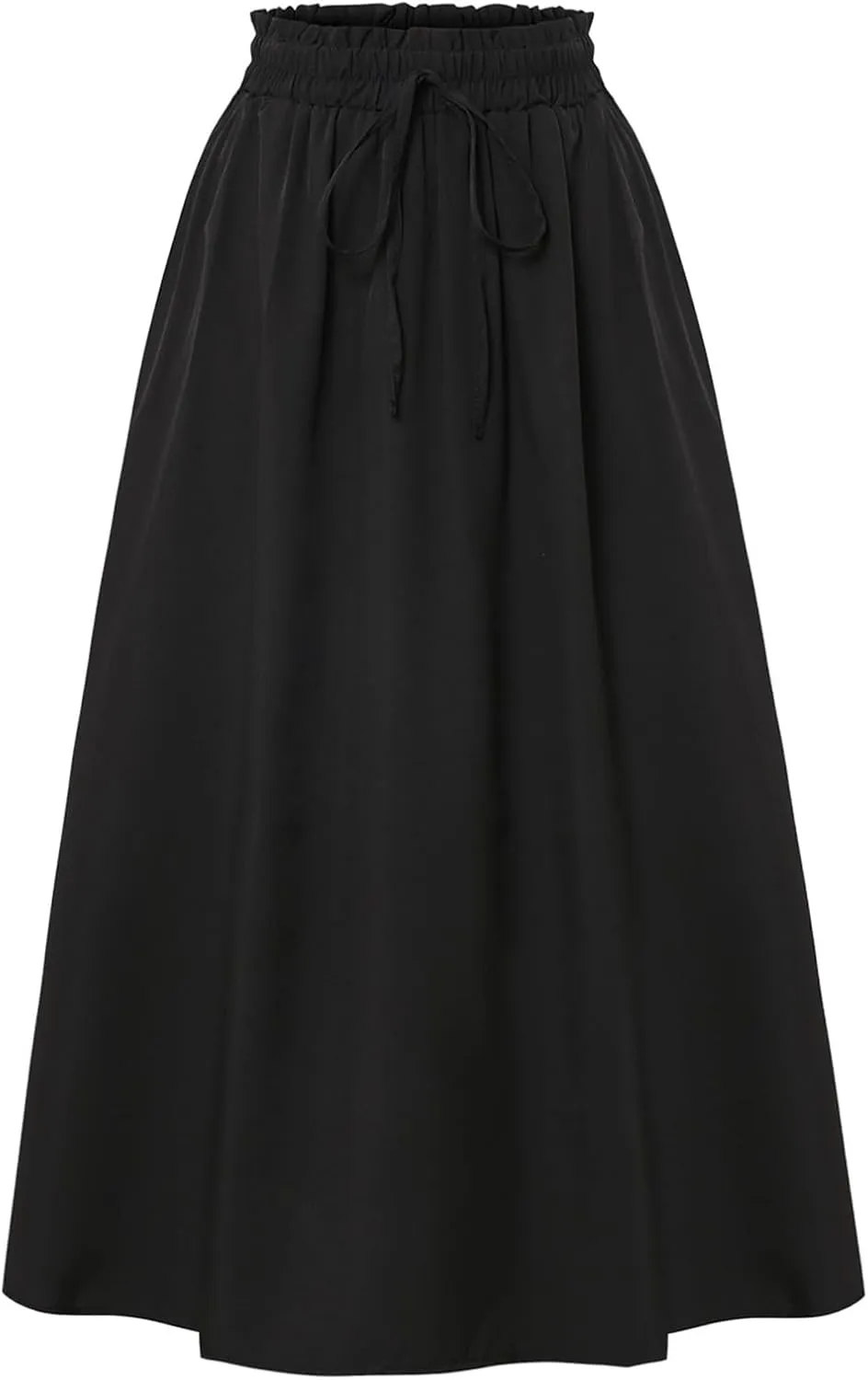 Midi Linen Skirts for Women Summer Drawstring Elastic High Waist Ruffle A-Line Casual Knee Length Skirts with Pockets