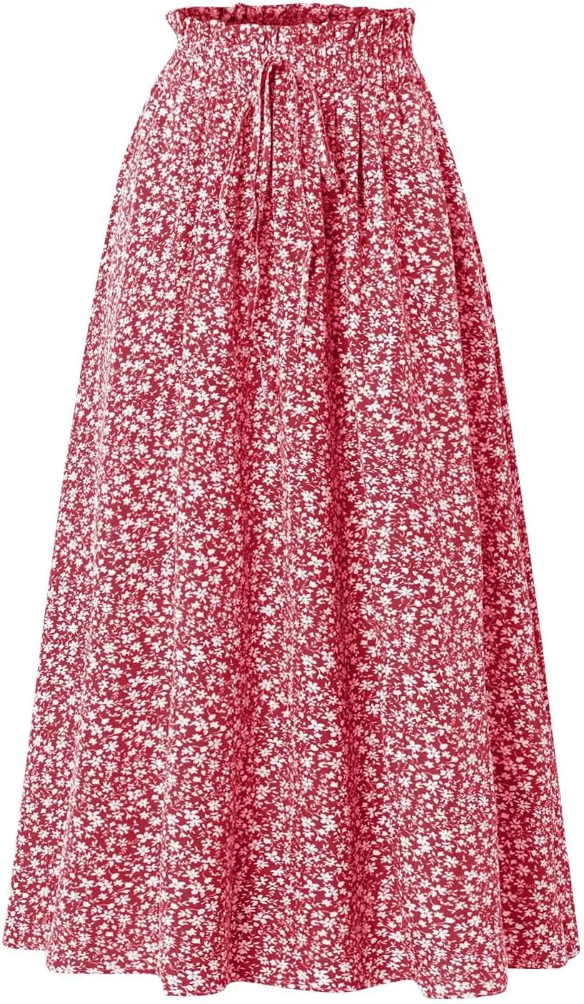 Midi Linen Skirts for Women Summer Drawstring Elastic High Waisted A-Line Smocked Beach Knee Length Skirt with Pockets