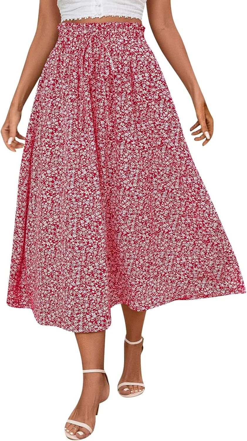 Midi Linen Skirts for Women Summer Drawstring Elastic High Waisted A-Line Smocked Beach Knee Length Skirt with Pockets