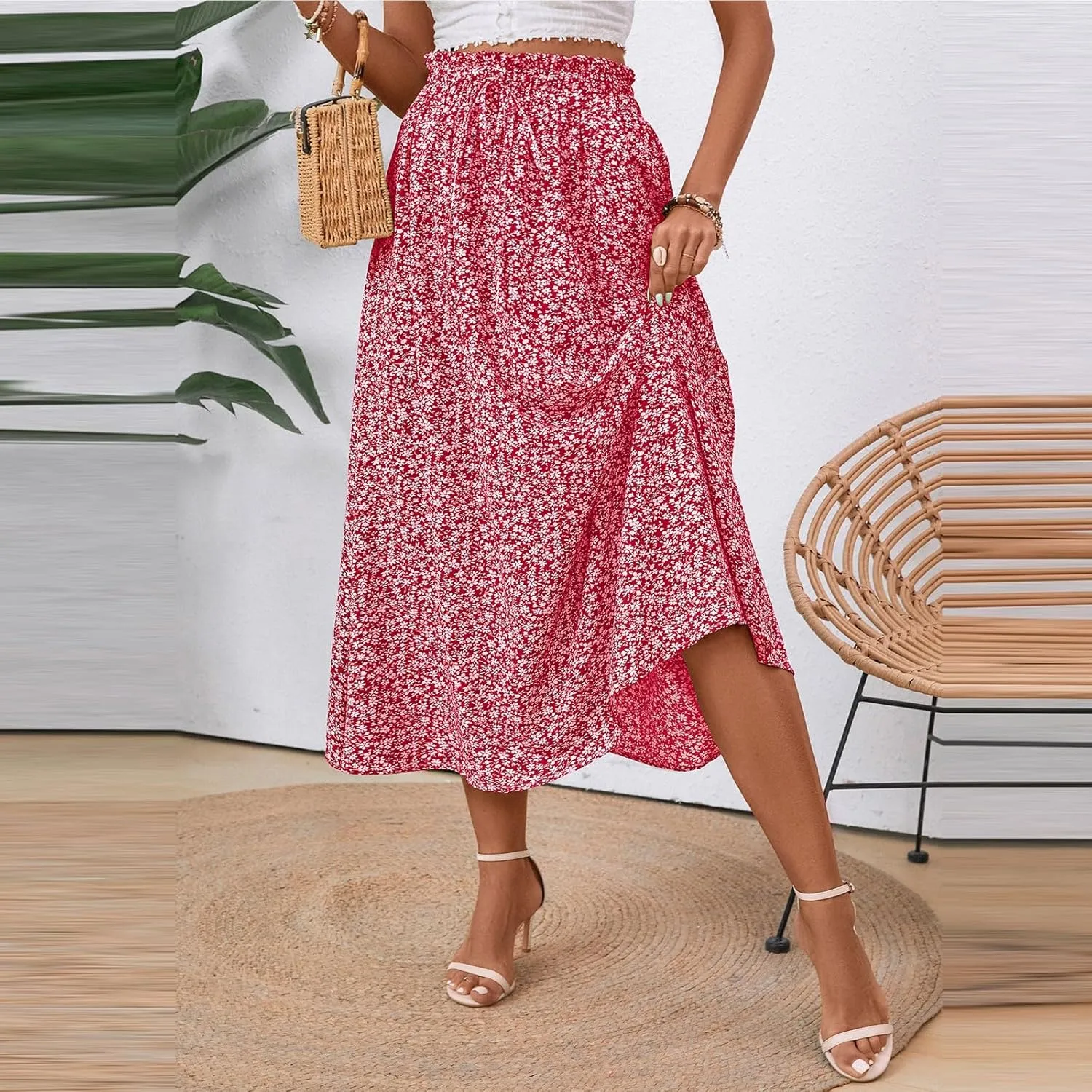Midi Linen Skirts for Women Summer Drawstring Elastic High Waisted A-Line Smocked Beach Knee Length Skirt with Pockets