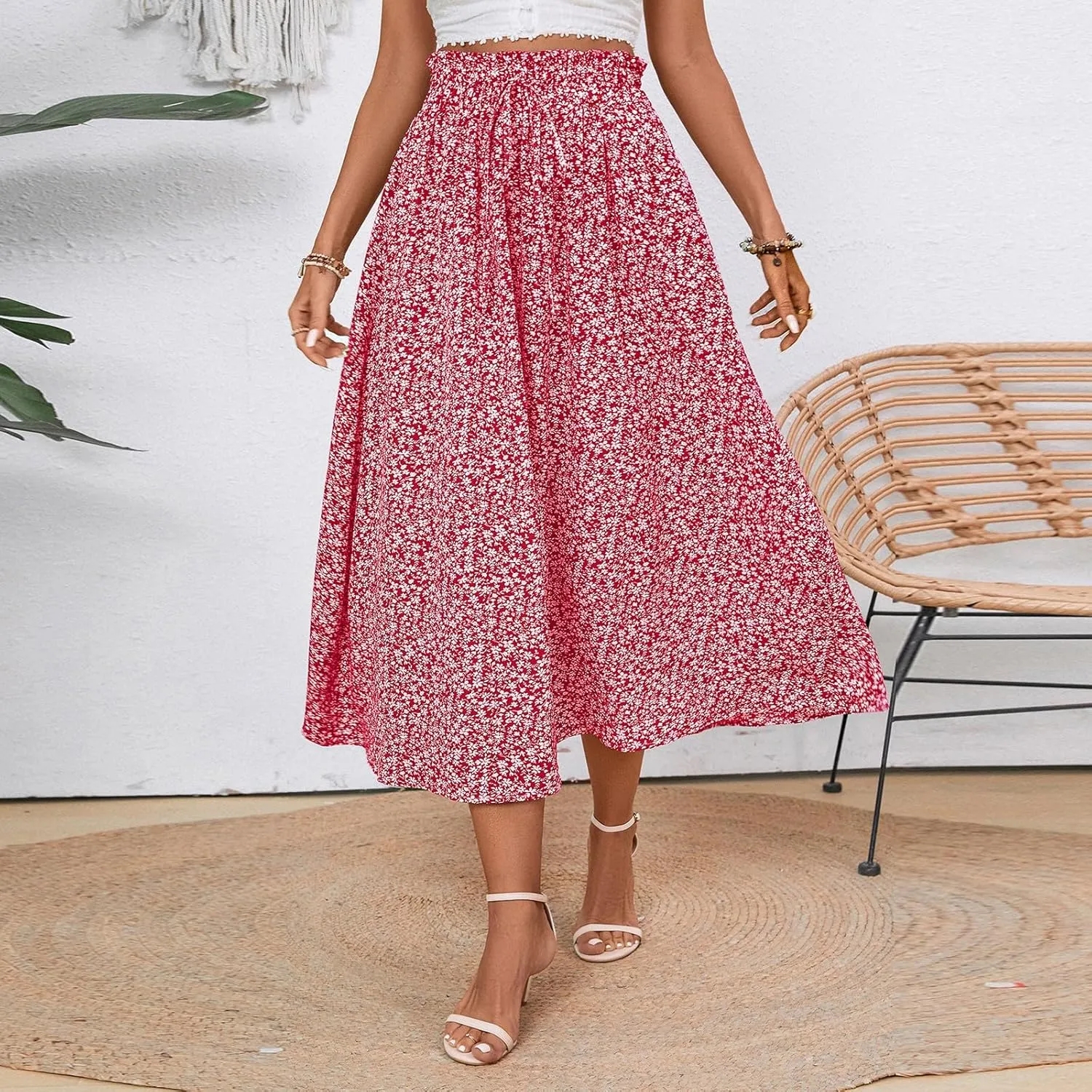 Midi Linen Skirts for Women Summer Drawstring Elastic High Waisted A-Line Smocked Beach Knee Length Skirt with Pockets